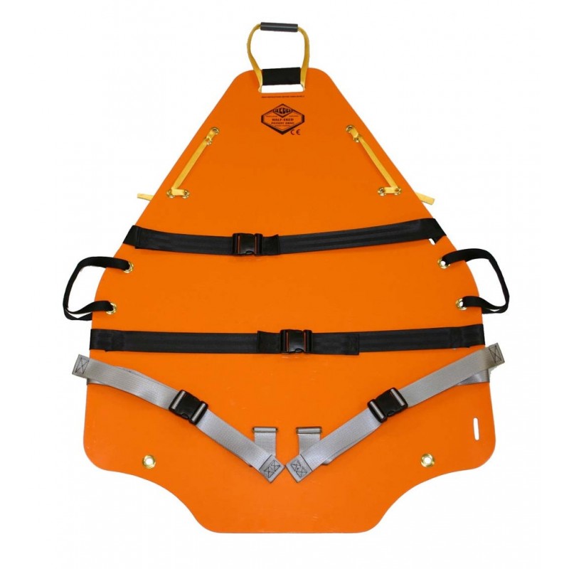 Oranges Rettungsbrett mit Gurten und Haltegriffen für den Einsatz in der Notfallrettung.