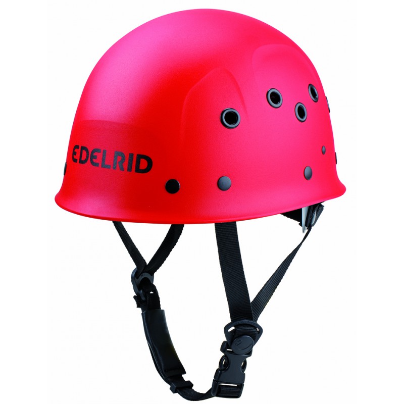 Roter Helm von Edelrid für Klettern und Outdoor-Aktivitäten, mit verstellbarem Kinnriemen.