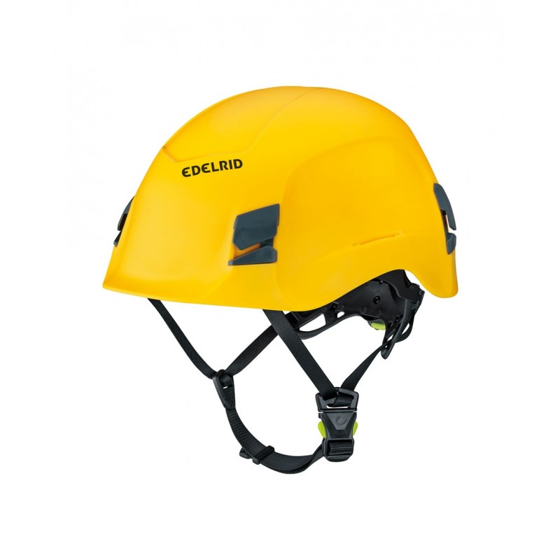 Gelber Edelrid Helm für Klettern und Bergsteigen mit verstellbarem Kinnriemen und sicherem Sitz.