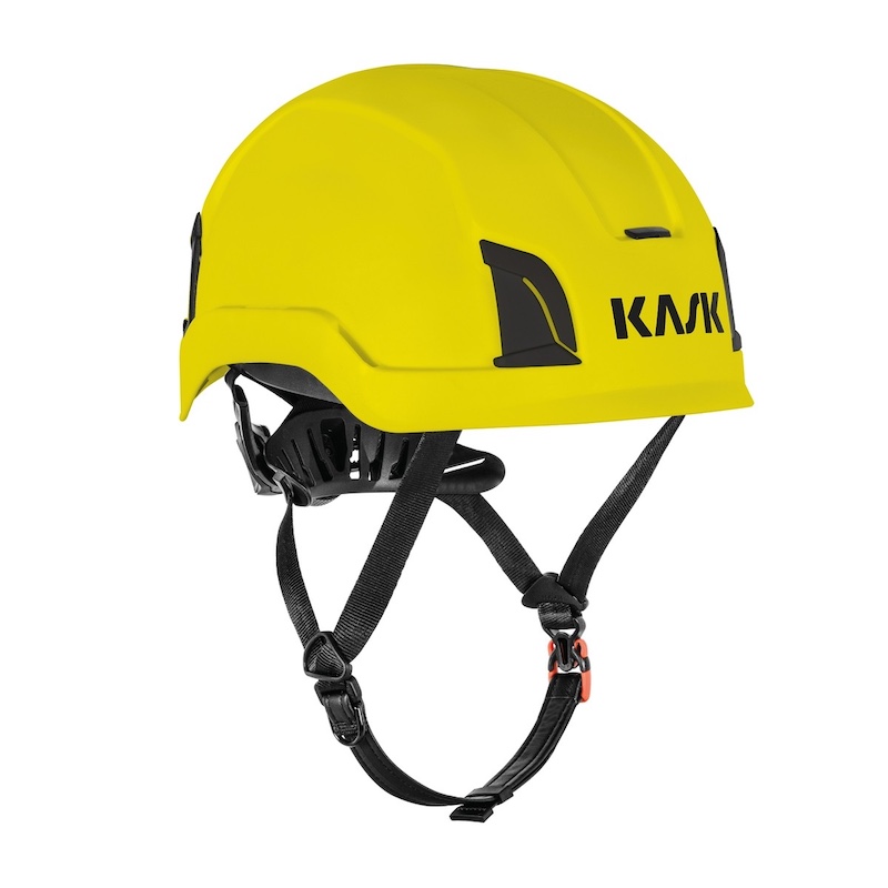 Gelber Kask Helm für Arbeitssicherheit, ideal für Bau und Industrie, mit verstellbarem Kinnriemen.